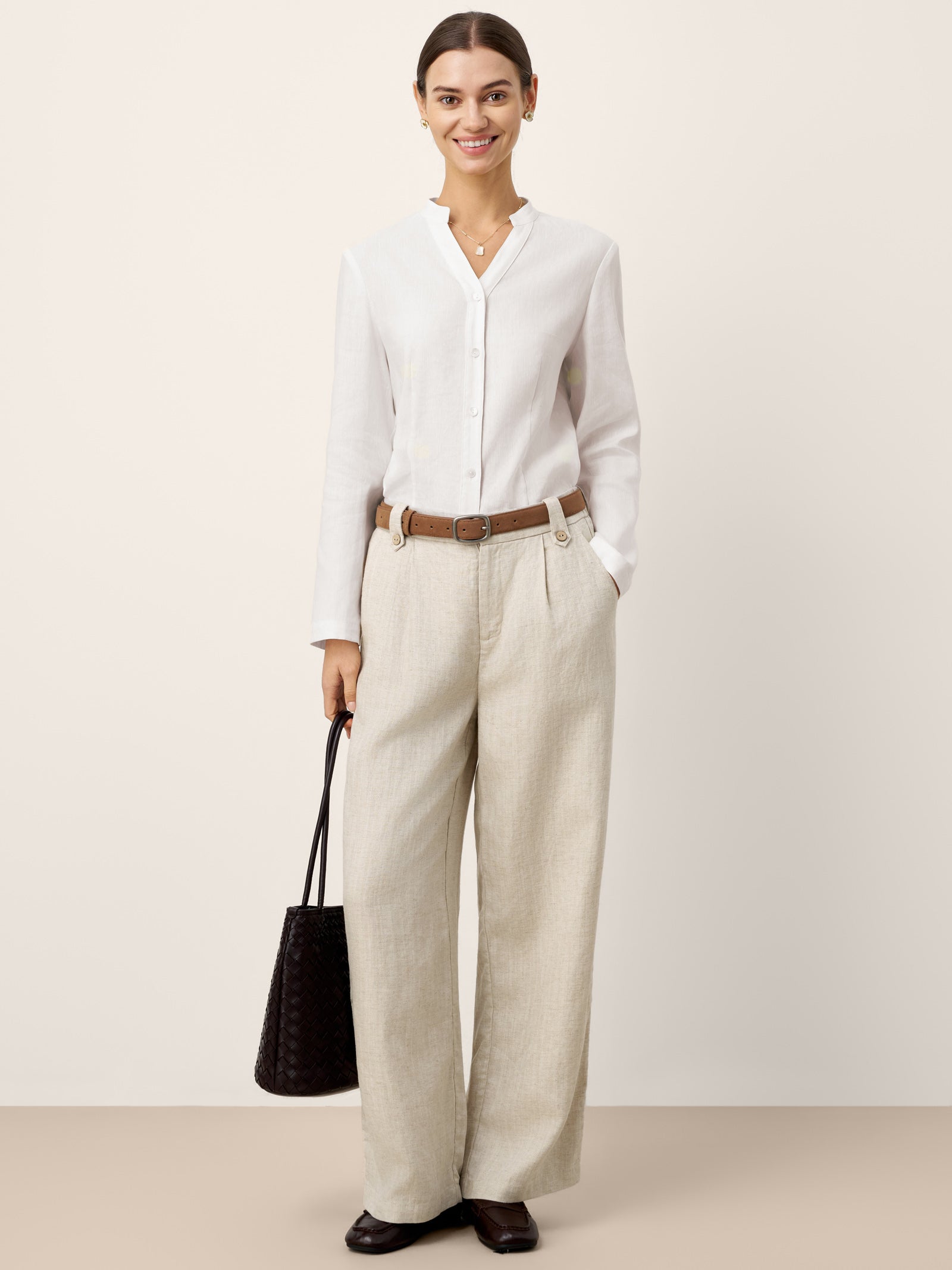 LINTICO Linen-Lyocell Pleated Wide Leg Trousers with Back Elastic & Button Detail… — detail shot 7