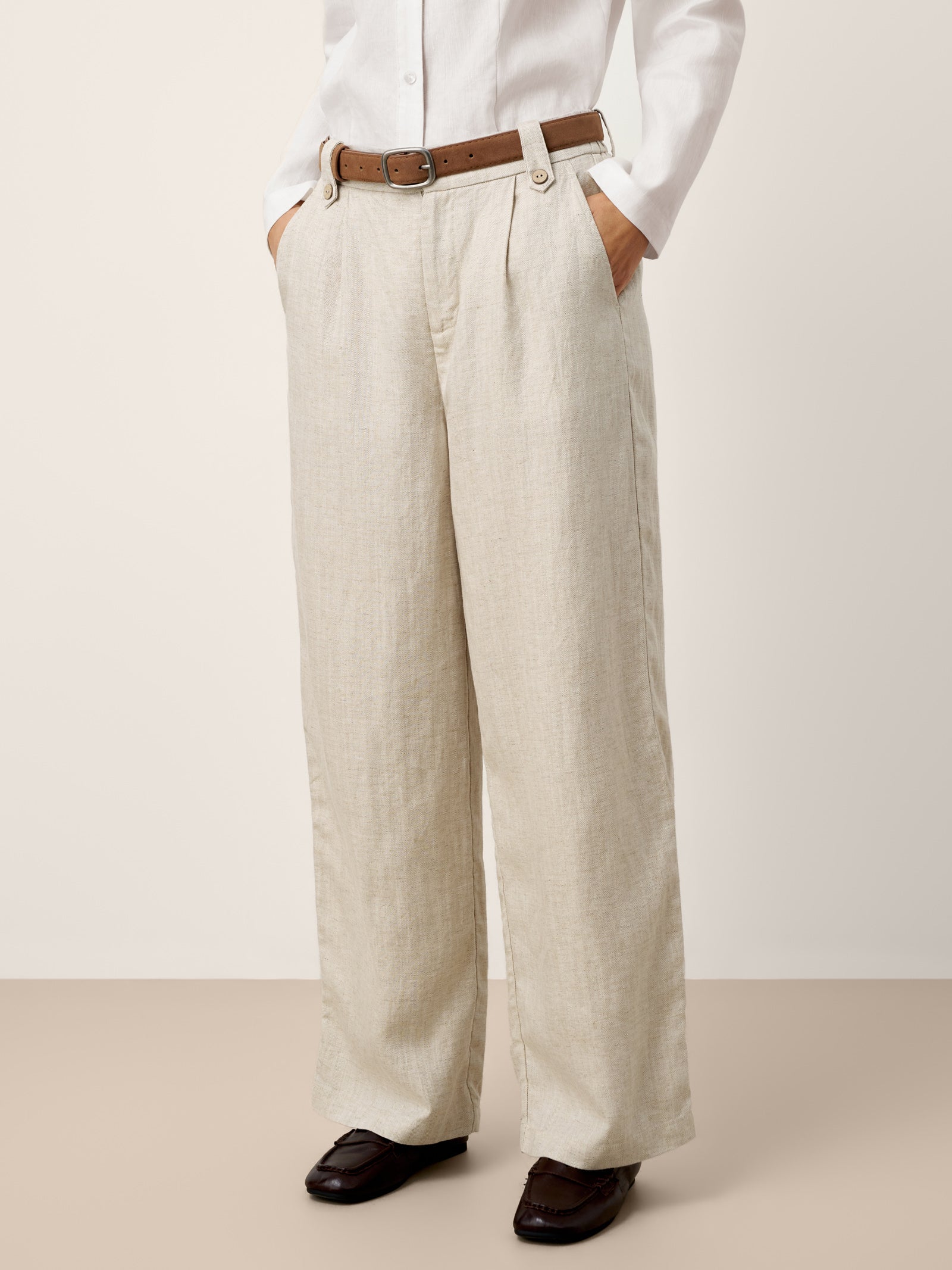 LINTICO Linen-Lyocell Pleated Wide Leg Trousers with Back Elastic & Button Detail… — main product shot