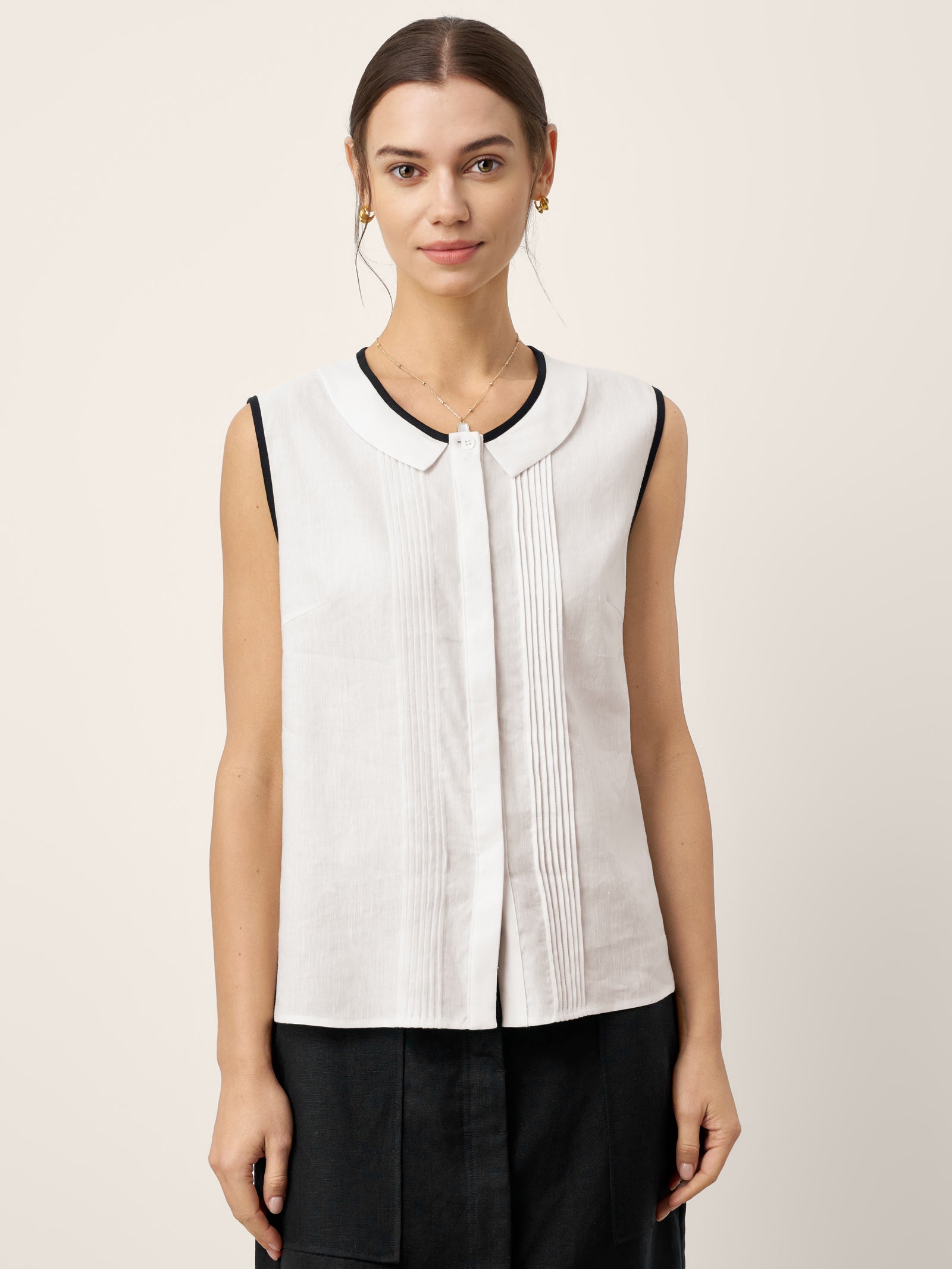 LINTICO Linen-Lyocell Contrast Trim Pleated Sleeveless Top JUNIPER — main product shot