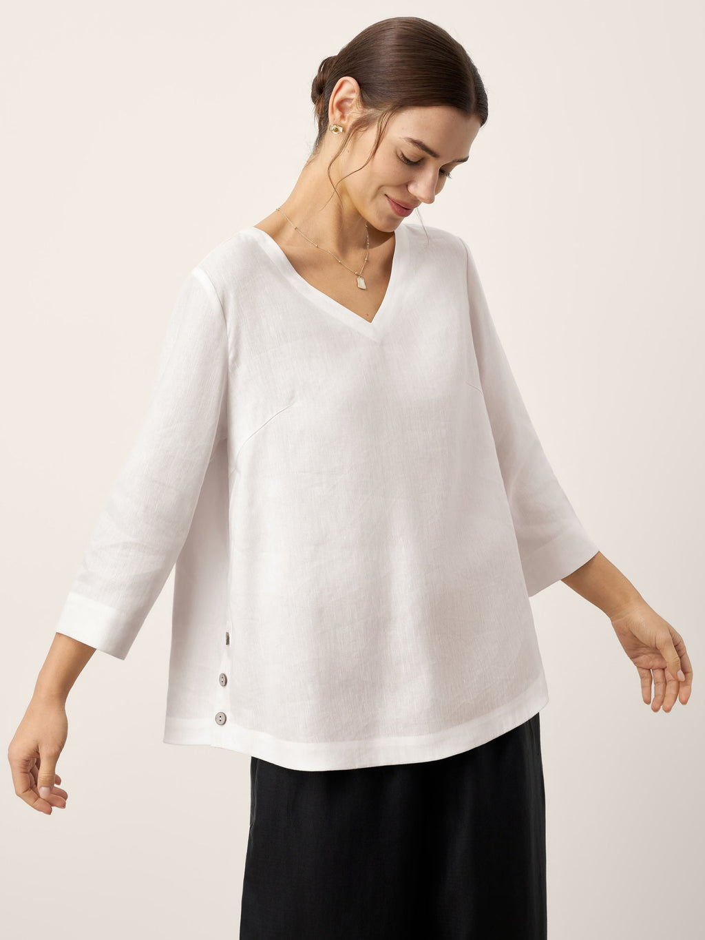 LINTICO LINTICO Linen-Lyocell V-Neck Button Detail Overtop ODETTE — tops-blouses-linen blend category context