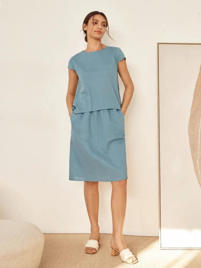 LINTICO Linen Blend Cap Sleeve Top And Pencil Skirt Set VEDA — lifestyle worn / used context