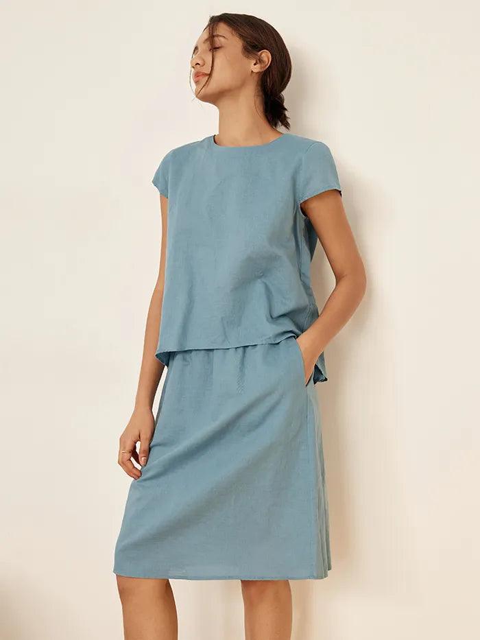 LINTICO Linen Blend Cap Sleeve Top And Pencil Skirt Set VEDA — sets-skirt sets-linen blend category context