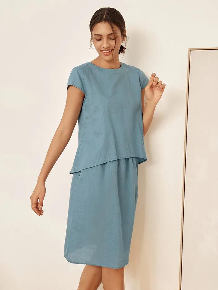 LINTICO Linen Blend Cap Sleeve Top And Pencil Skirt Set VEDA — LINTICO branding close-up