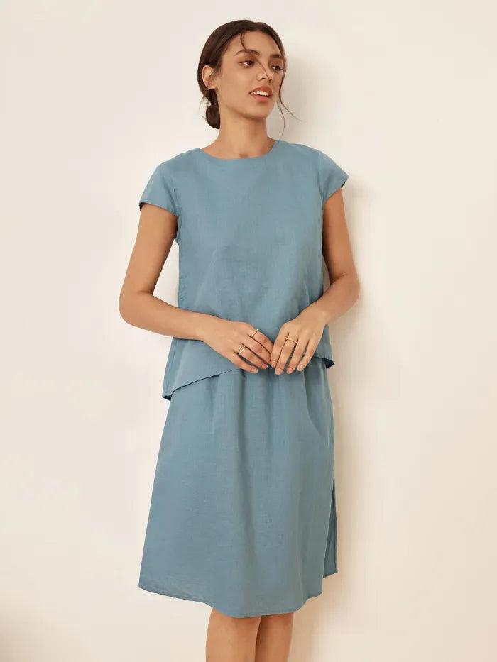 LINTICO Linen Blend Cap Sleeve Top And Pencil Skirt Set VEDA — construction detail