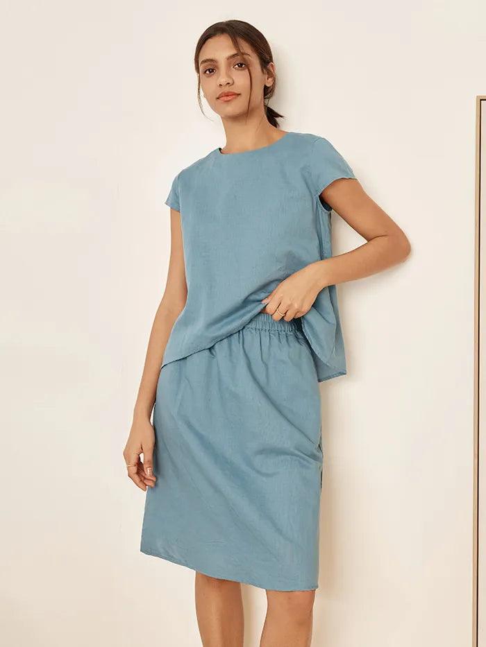 LINTICO Linen Blend Cap Sleeve Top And Pencil Skirt Set VEDA — main product shot
