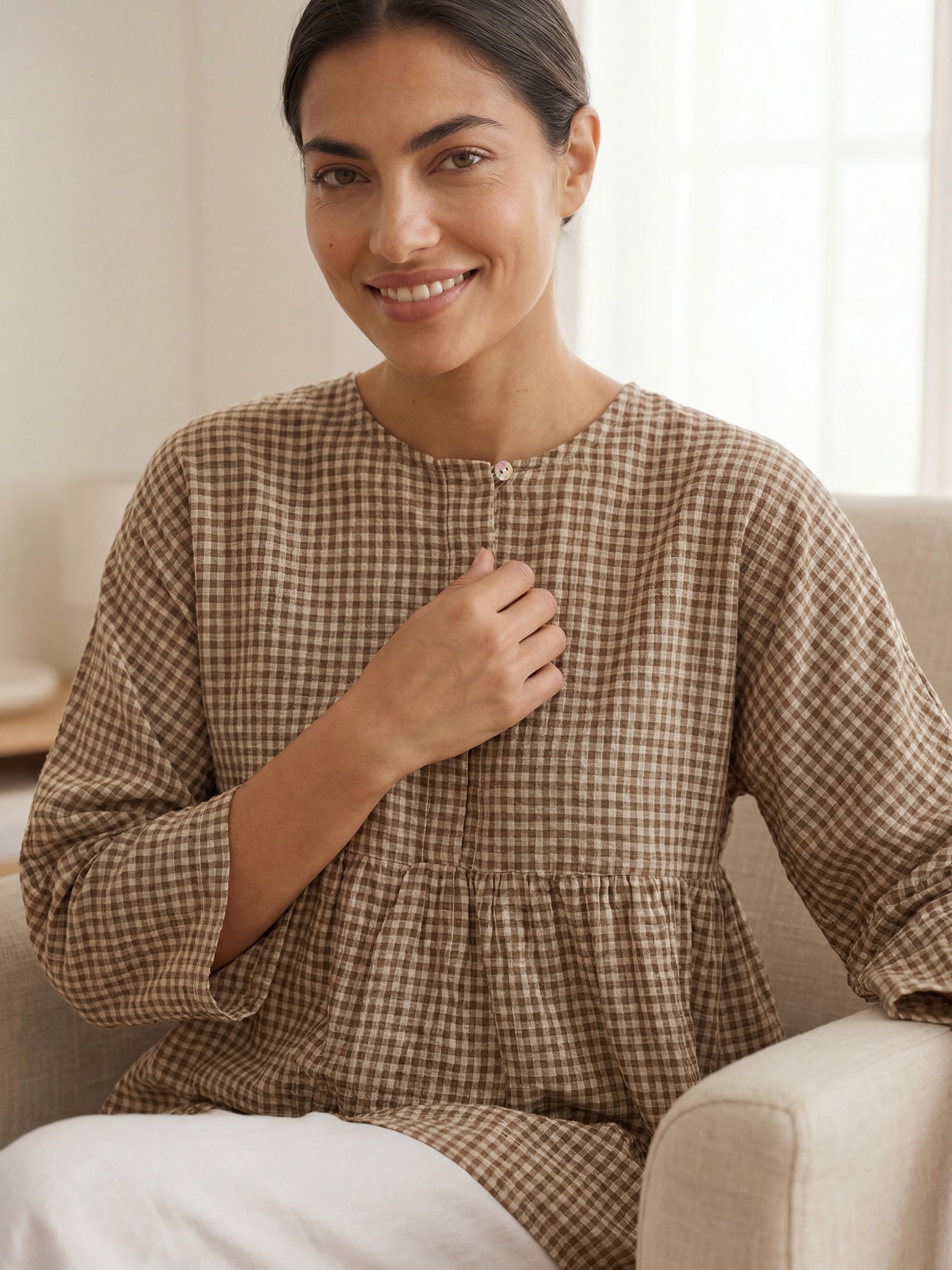 LINTICO Linen Checked Long-Sleeved Top CAROLINE — comparison shot