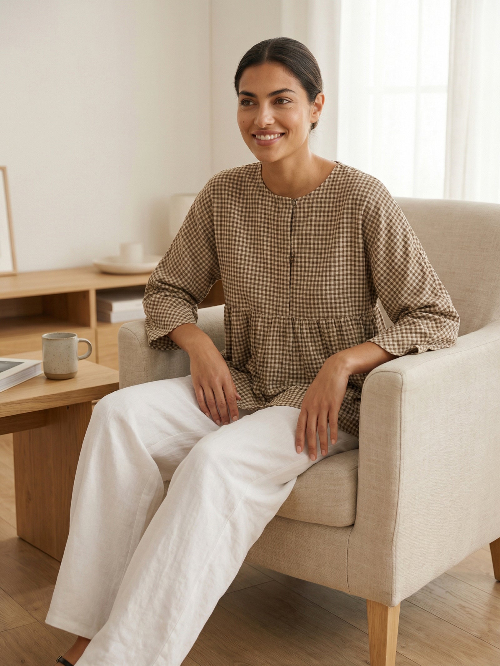 LINTICO Linen Checked Long-Sleeved Top CAROLINE — back view