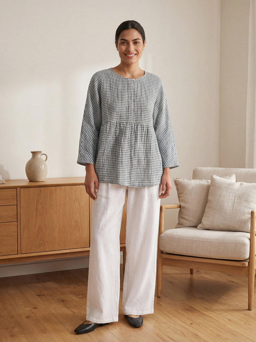 LINTICO Linen Checked Long-Sleeved Top CAROLINE — detail shot 9