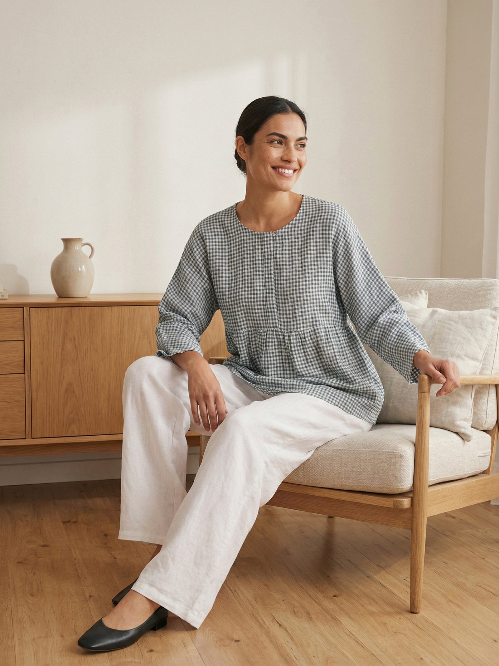 LINTICO Linen Checked Long-Sleeved Top CAROLINE — detail shot 8