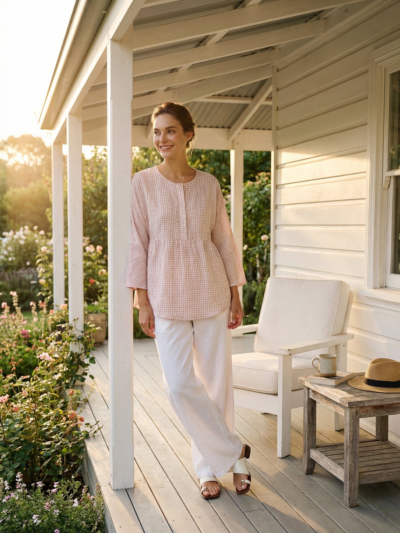 LINTICO Linen Checked Long-Sleeved Top CAROLINE — tops-shirts-linen blend category context