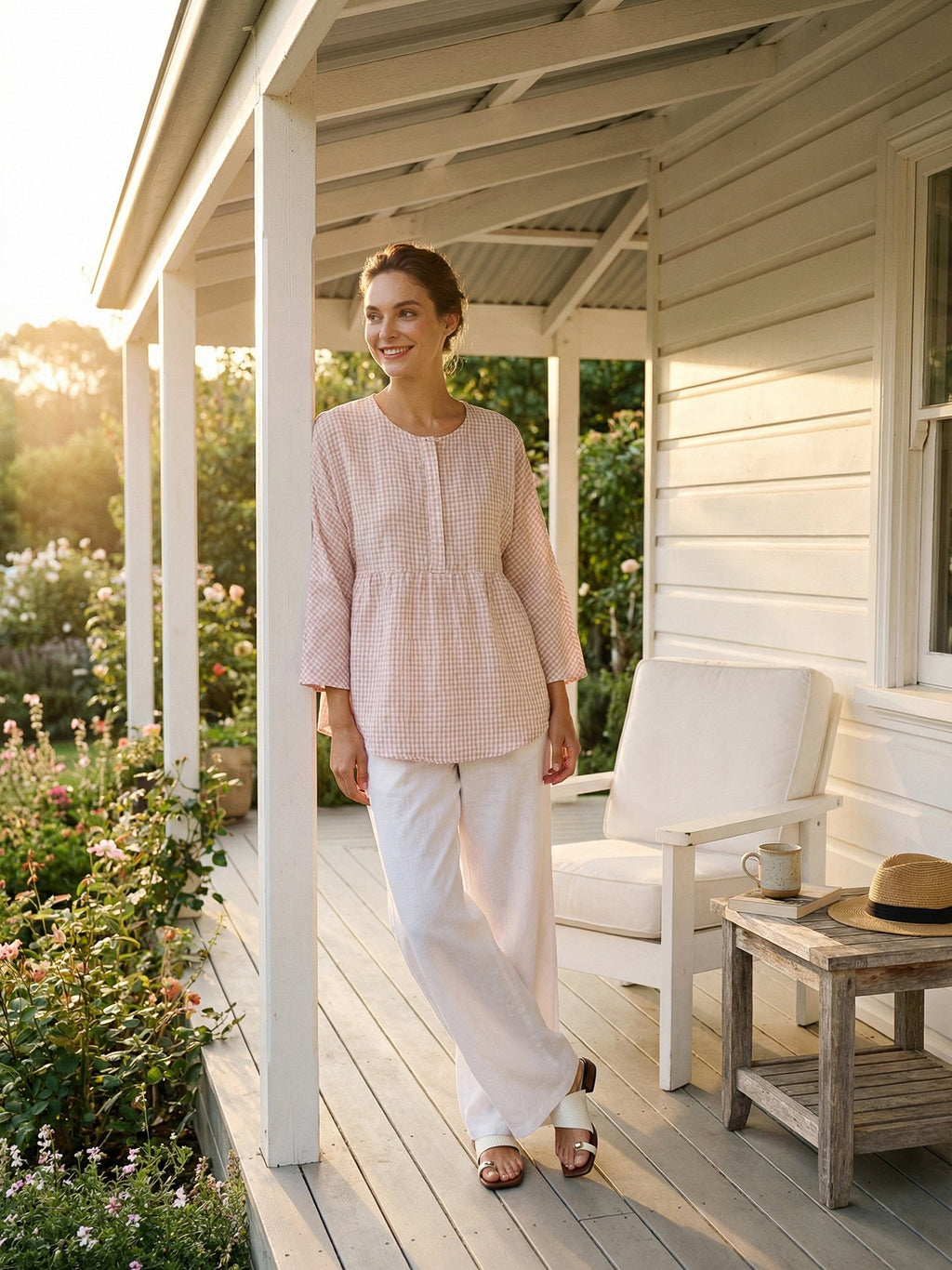 LINTICO Linen Checked Long-Sleeved Top CAROLINE — lifestyle context