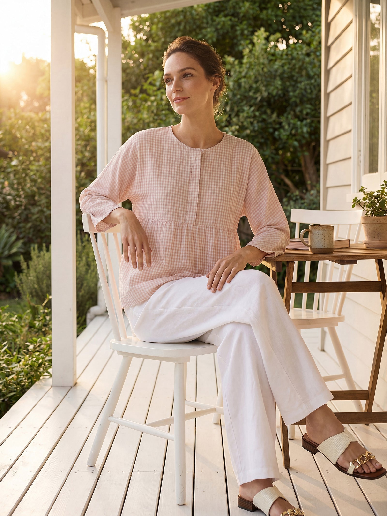 LINTICO Linen Checked Long-Sleeved Top CAROLINE — construction detail