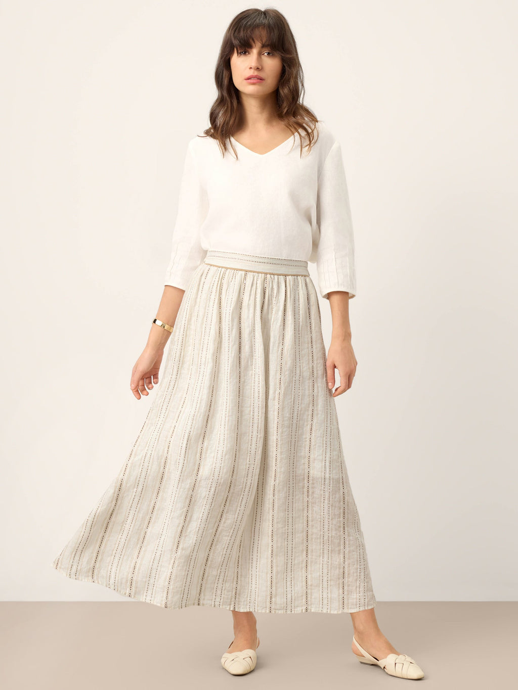 LINTICO Linen Striped Contrast Trim A-Line Bohemian Skirt with Lining ISMERIE — detail shot 8