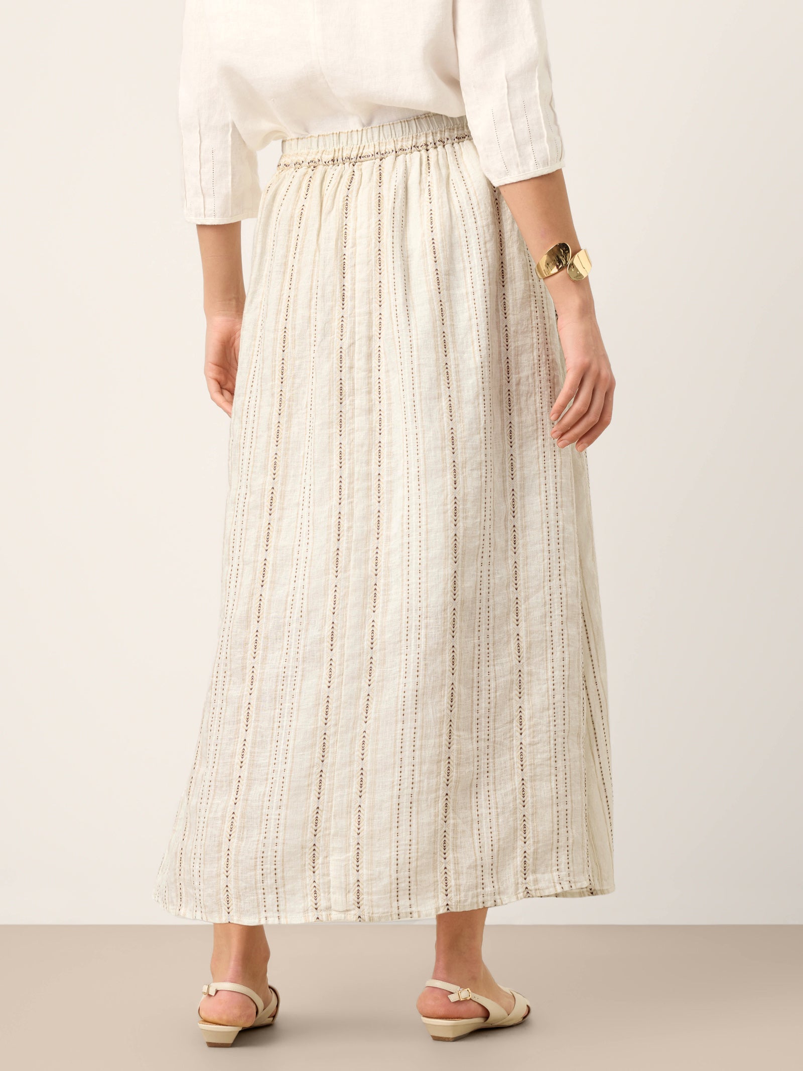 LINTICO Linen Striped Contrast Trim A-Line Bohemian Skirt with Lining ISMERIE — LINTICO branding close-up