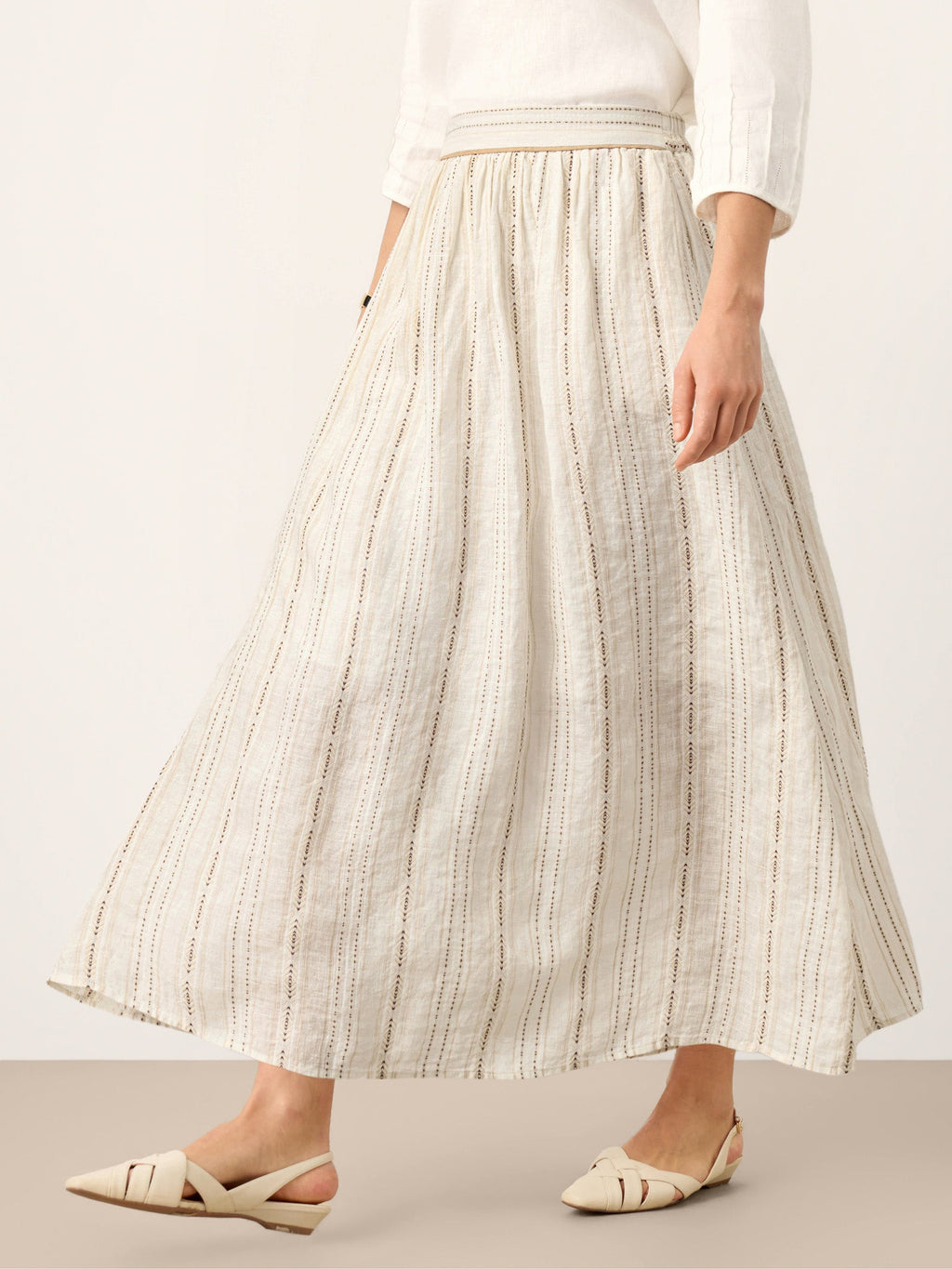 LINTICO Linen Striped Contrast Trim A-Line Bohemian Skirt with Lining ISMERIE — bottoms-skirts-linen category context