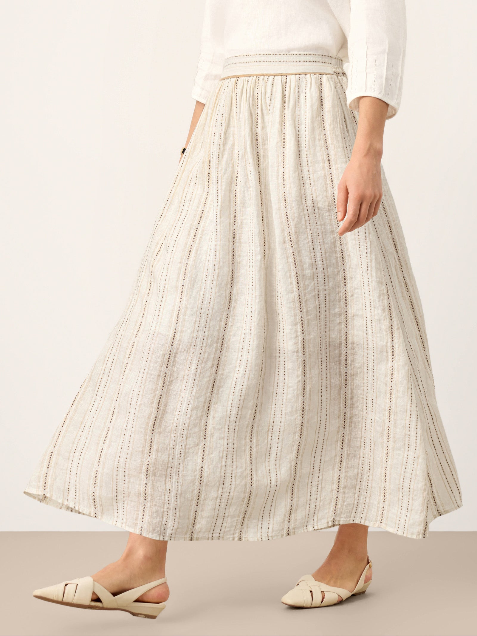 LINTICO Linen Striped Contrast Trim A-Line Bohemian Skirt with Lining ISMERIE — bottoms-skirts-linen category context