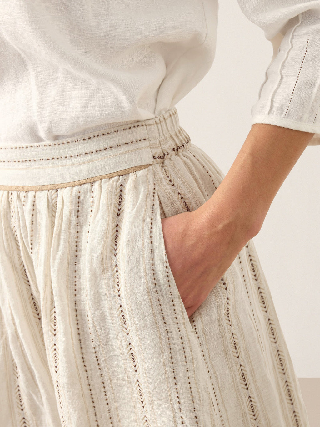LINTICO Linen Striped Contrast Trim A-Line Bohemian Skirt with Lining ISMERIE — detail shot 6