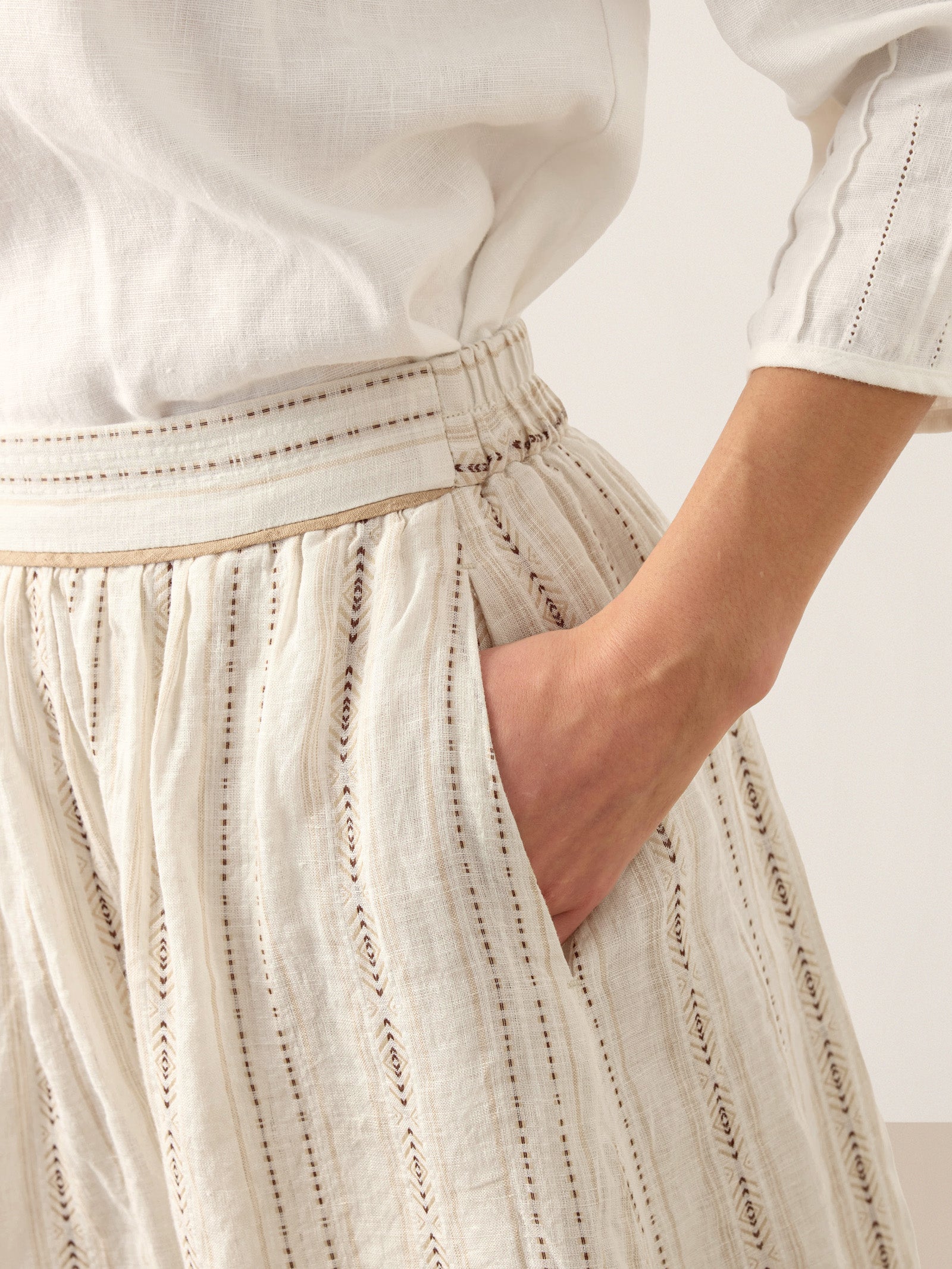LINTICO Linen Striped Contrast Trim A-Line Bohemian Skirt with Lining ISMERIE — detail shot 6