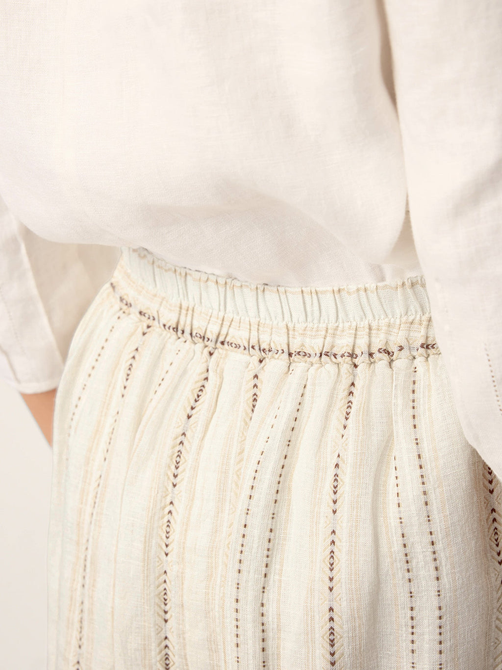 LINTICO Linen Striped Contrast Trim A-Line Bohemian Skirt with Lining ISMERIE — detail shot 7