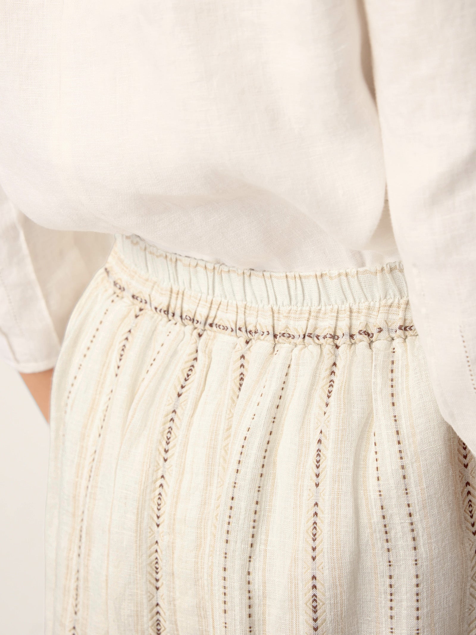 LINTICO Linen Striped Contrast Trim A-Line Bohemian Skirt with Lining ISMERIE — detail shot 7