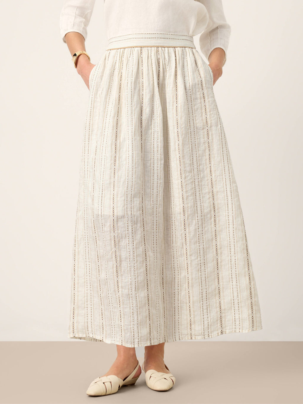 LINTICO Linen Striped Contrast Trim A-Line Bohemian Skirt with Lining ISMERIE — main product shot