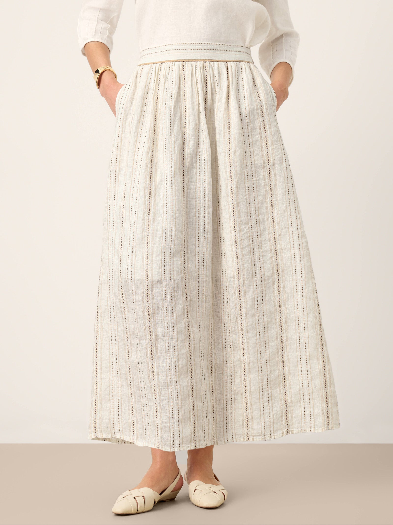 LINTICO Linen Striped Contrast Trim A-Line Bohemian Skirt with Lining ISMERIE — main product shot