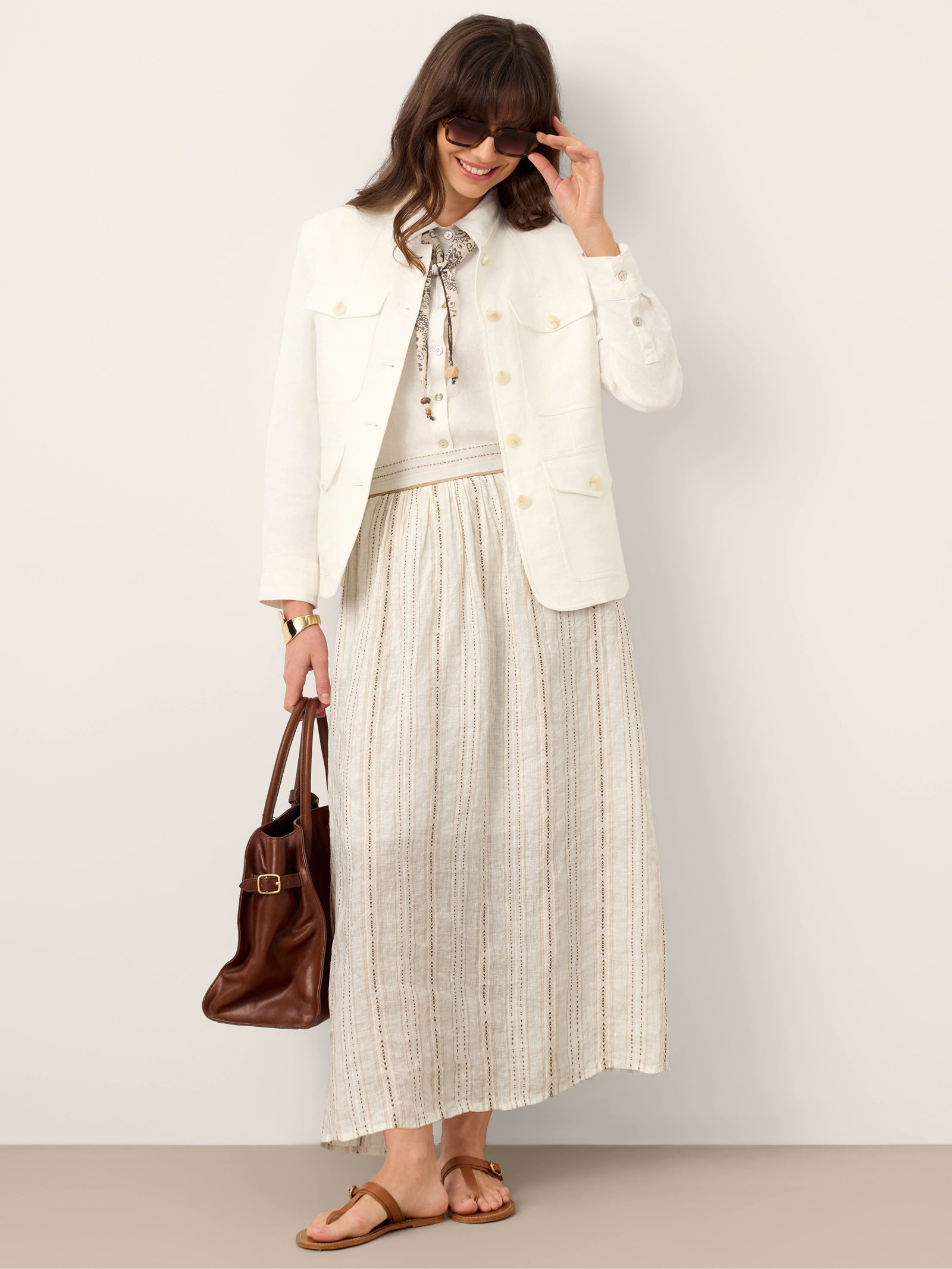 LINTICO Linen Striped Contrast Trim A-Line Bohemian Skirt with Lining ISMERIE — detail shot 9