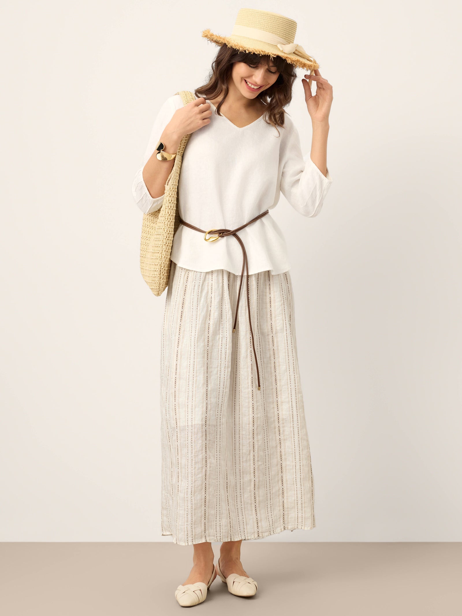 LINTICO Linen Striped Contrast Trim A-Line Bohemian Skirt with Lining ISMERIE — detail shot 10