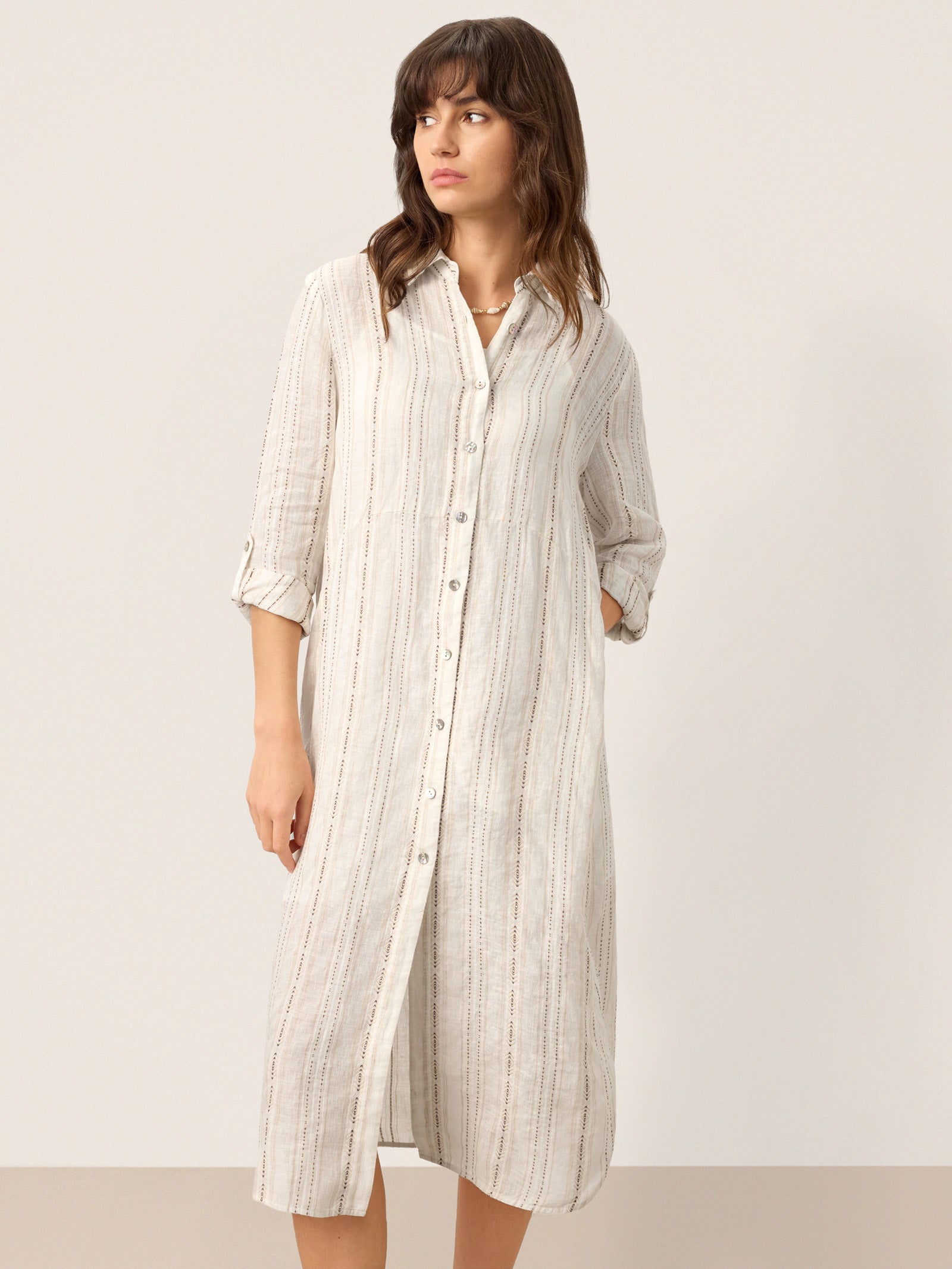 LINTICO Linen Striped Tab-Sleeve Bohemia Shirt Dress BLYTHE — detail shot 6