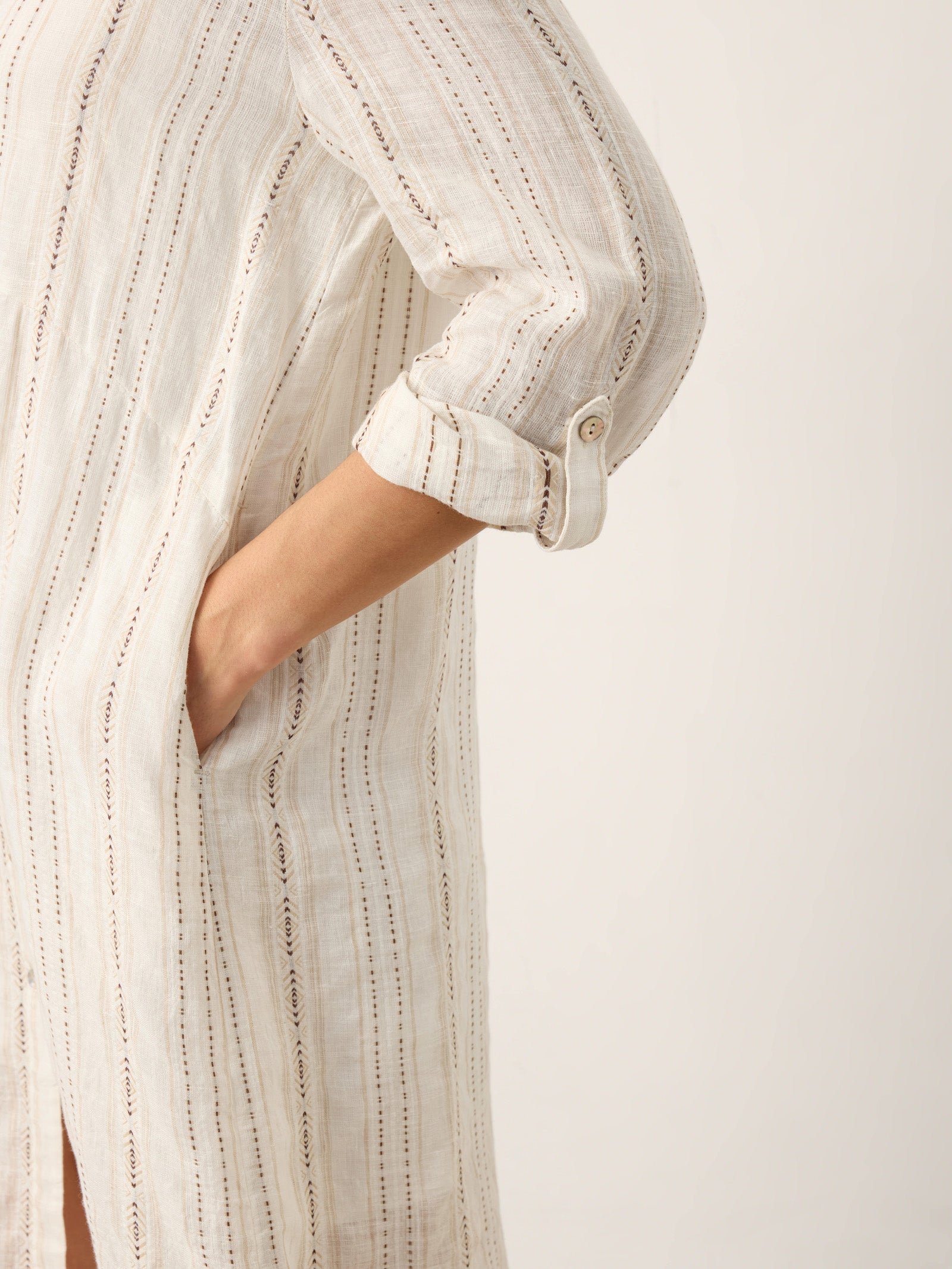 LINTICO Linen Striped Tab-Sleeve Bohemia Shirt Dress BLYTHE — detail shot 9
