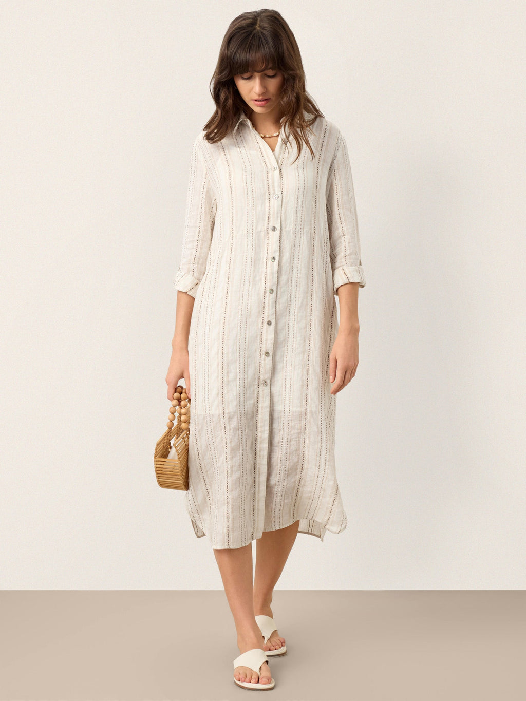 LINTICO Linen Striped Tab-Sleeve Bohemia Shirt Dress BLYTHE — detail shot 8
