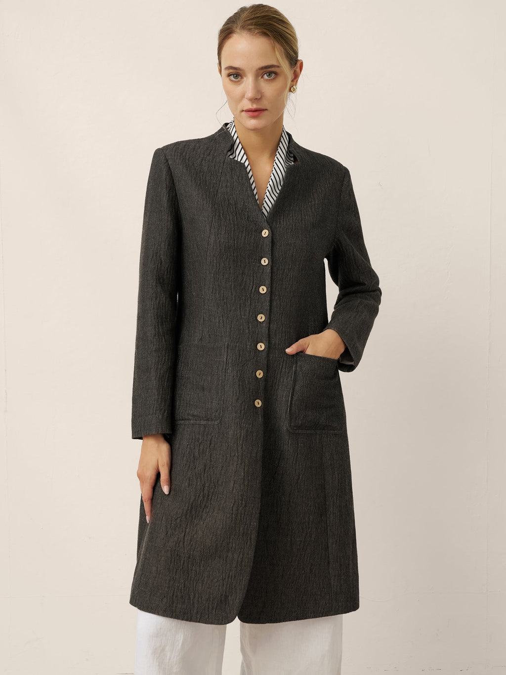 LINTICO Linen Mandarin Collar Button-Up Long Shirt Jacket JORDAN — main product shot