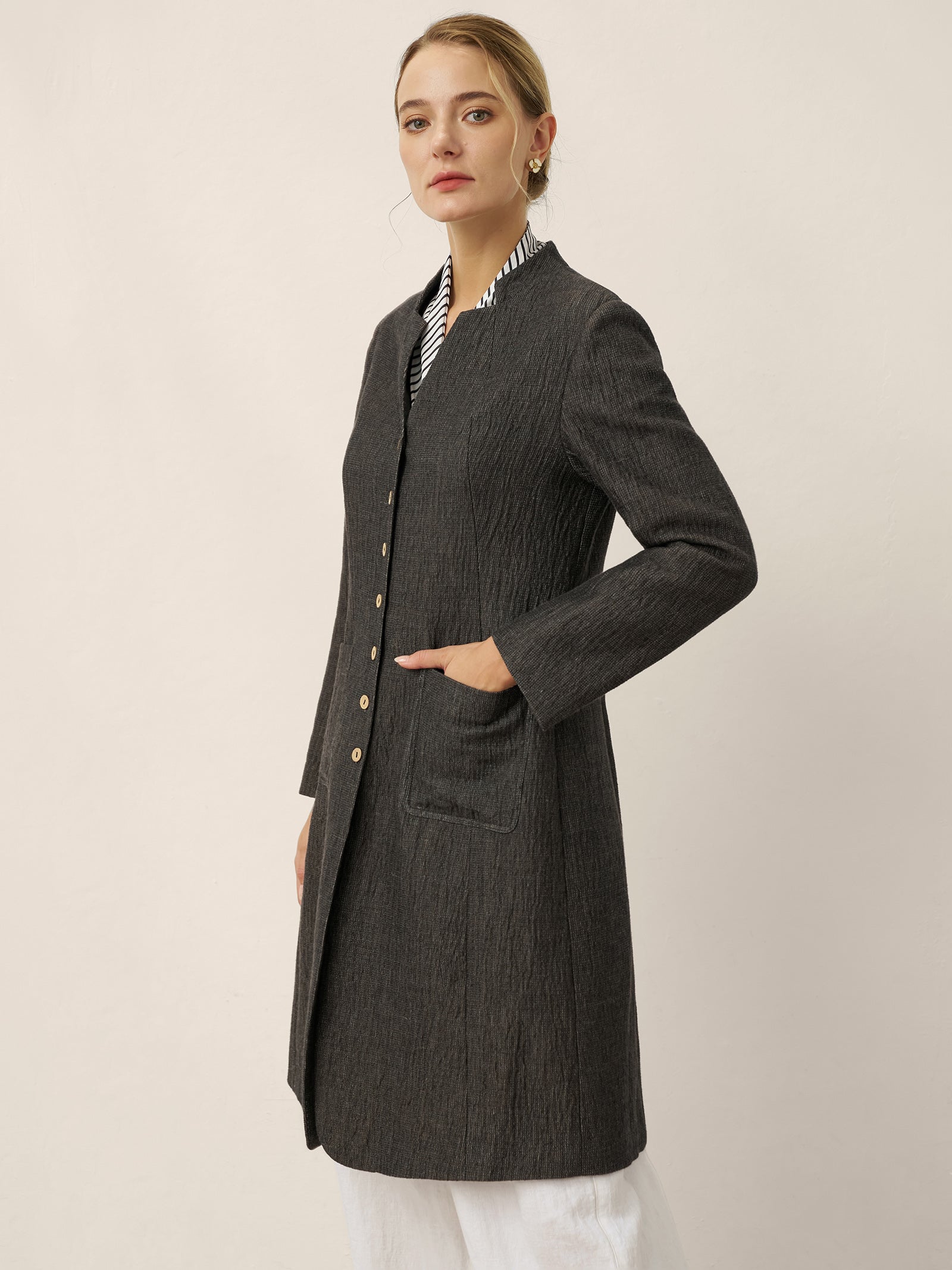 LINTICO Linen Mandarin Collar Button-Up Long Shirt Jacket JORDAN — outerwear-coats-linen category context