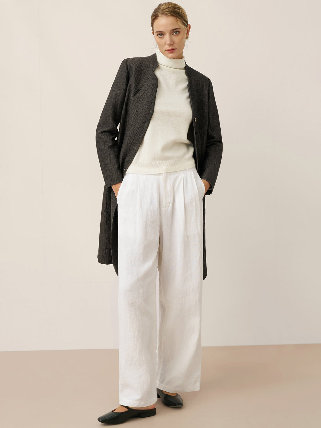LINTICO Linen Mandarin Collar Button-Up Long Shirt Jacket JORDAN — detail shot 6