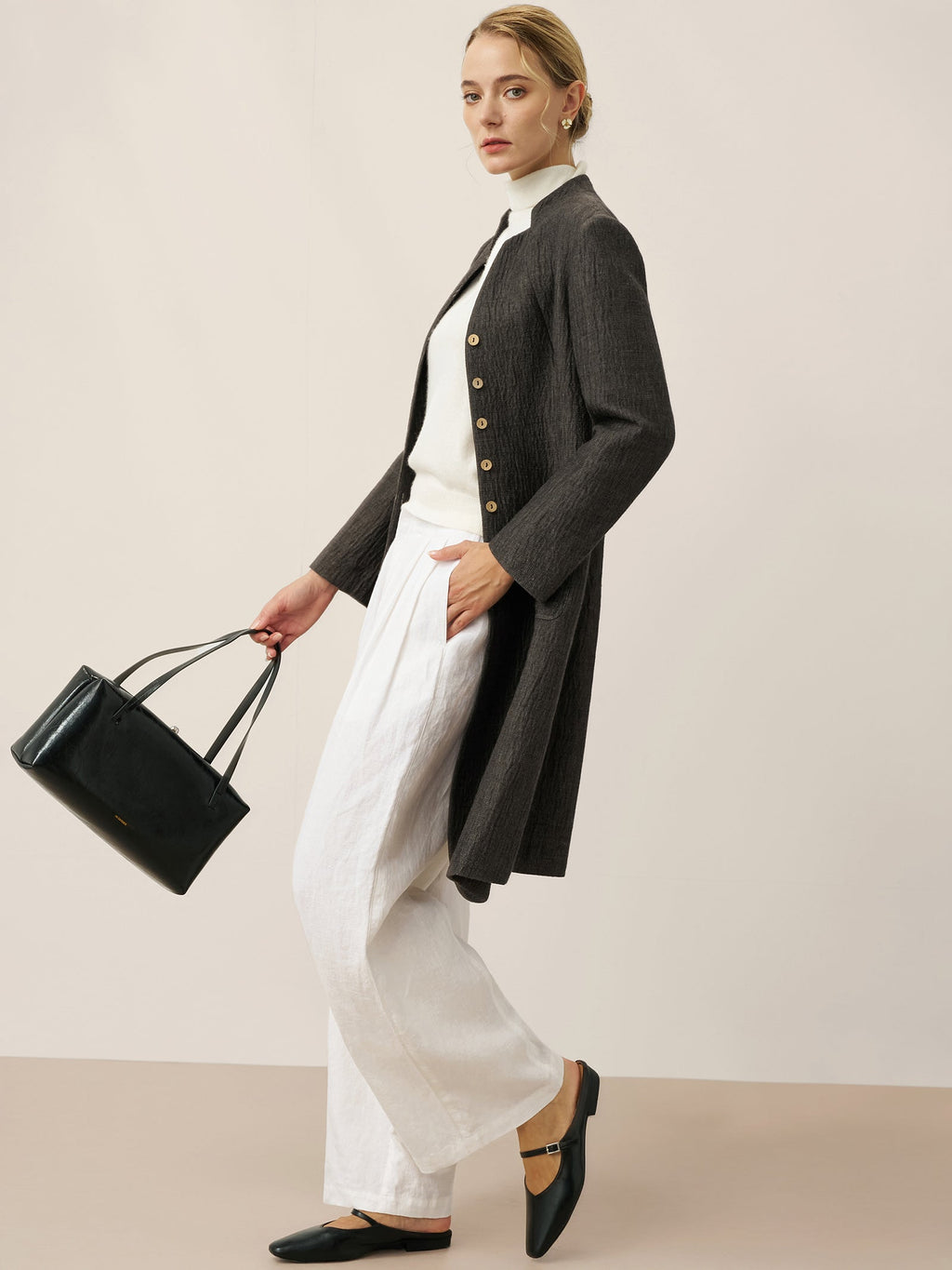 LINTICO Linen Mandarin Collar Button-Up Long Shirt Jacket JORDAN — lifestyle worn / used context