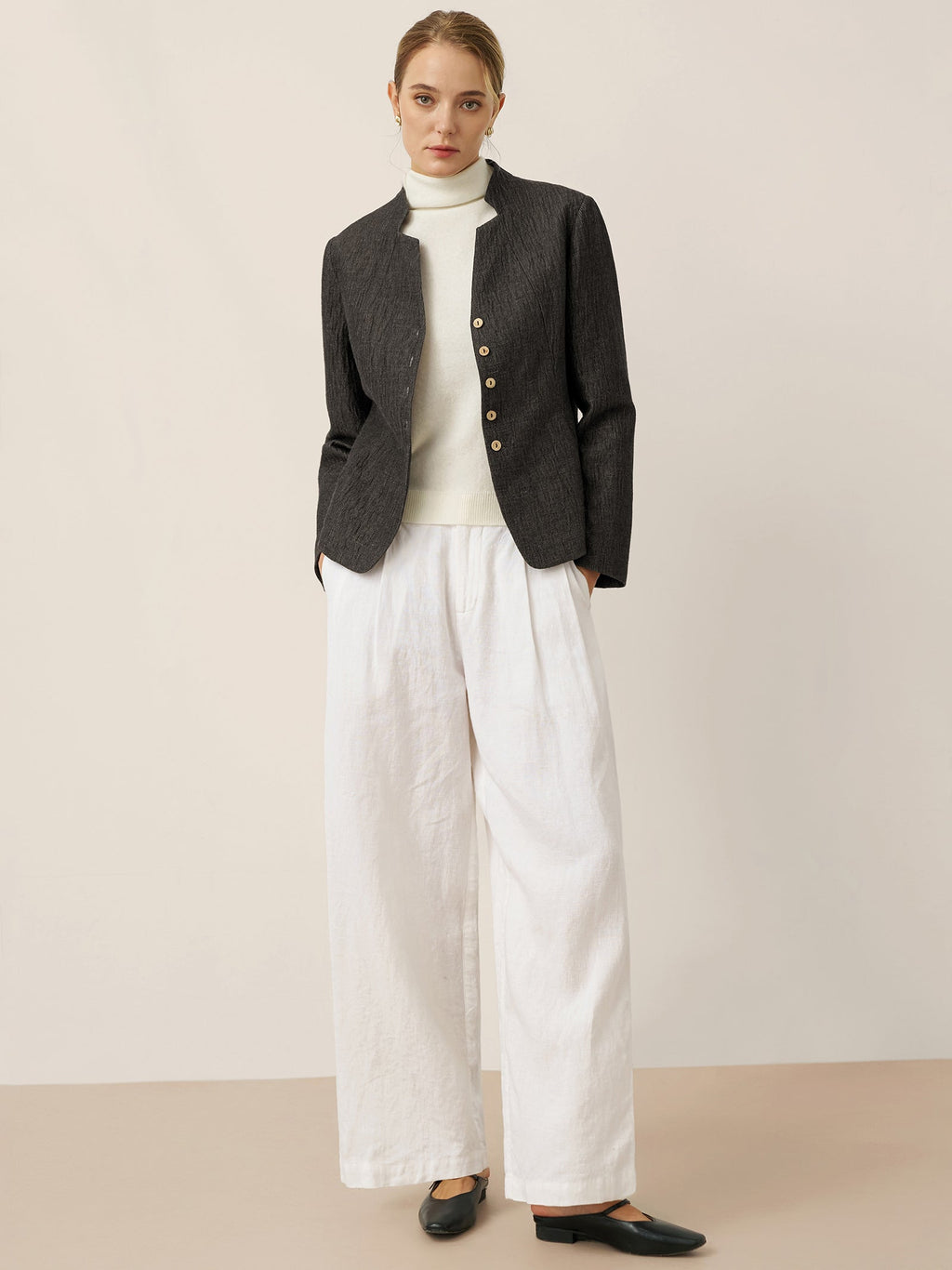 LINTICO Linen Mandarin Collar Button-Up Shirt Jacket KIMBERLY — detail shot 9