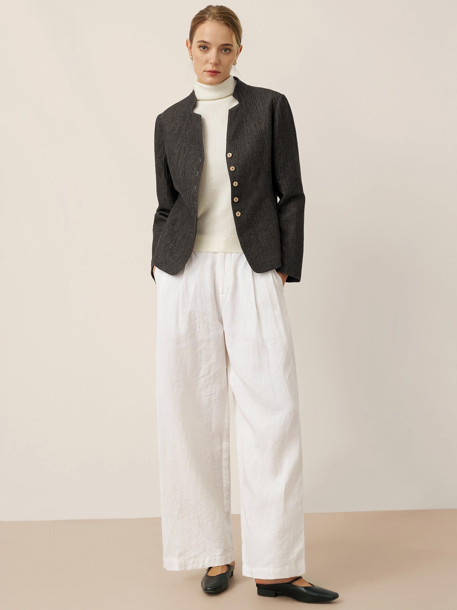 LINTICO Linen Mandarin Collar Button-Up Shirt Jacket KIMBERLY — detail shot 9