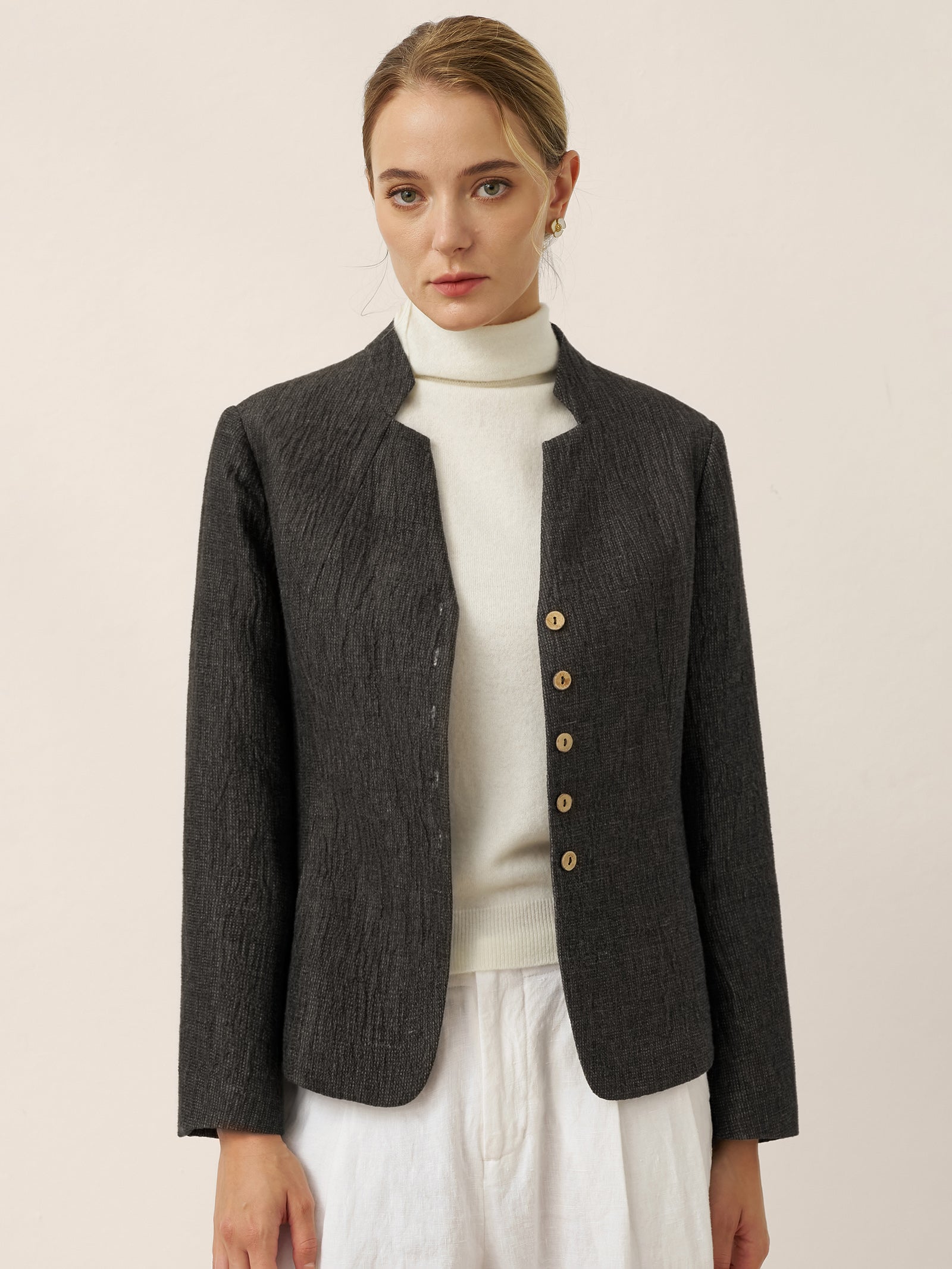 LINTICO Linen Mandarin Collar Button-Up Shirt Jacket KIMBERLY — outerwear-jackets-linen category context