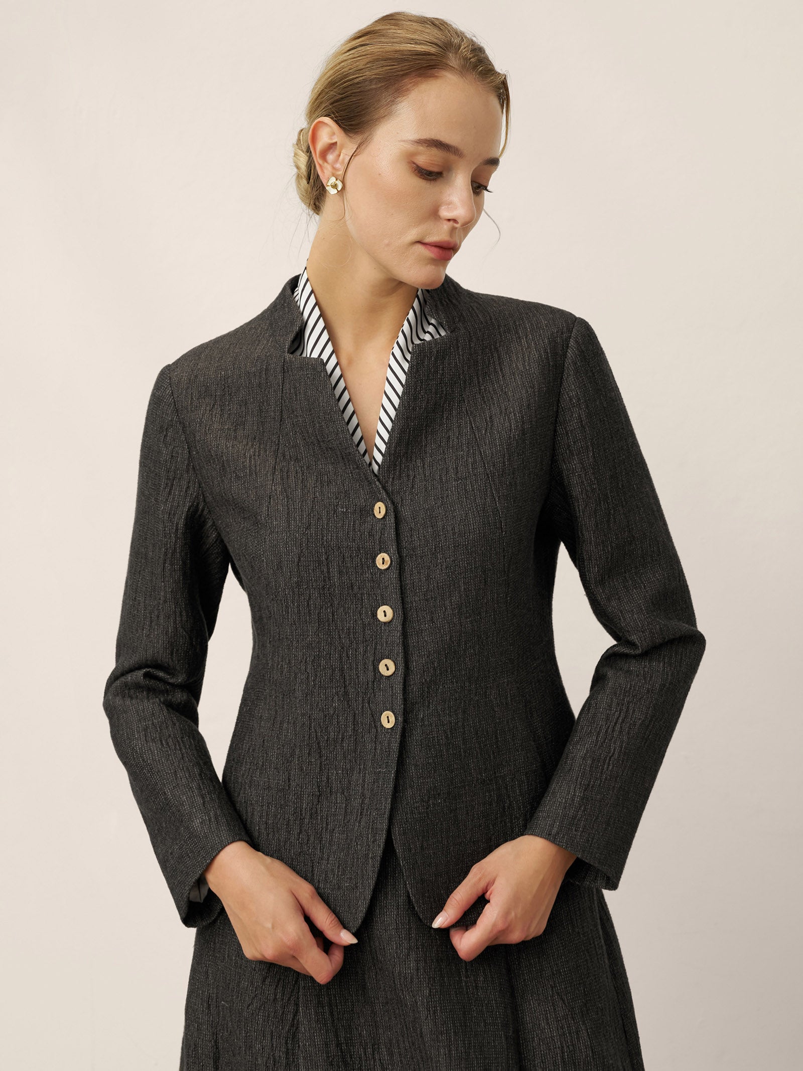 LINTICO Linen Mandarin Collar Button-Up Shirt Jacket KIMBERLY — main product shot