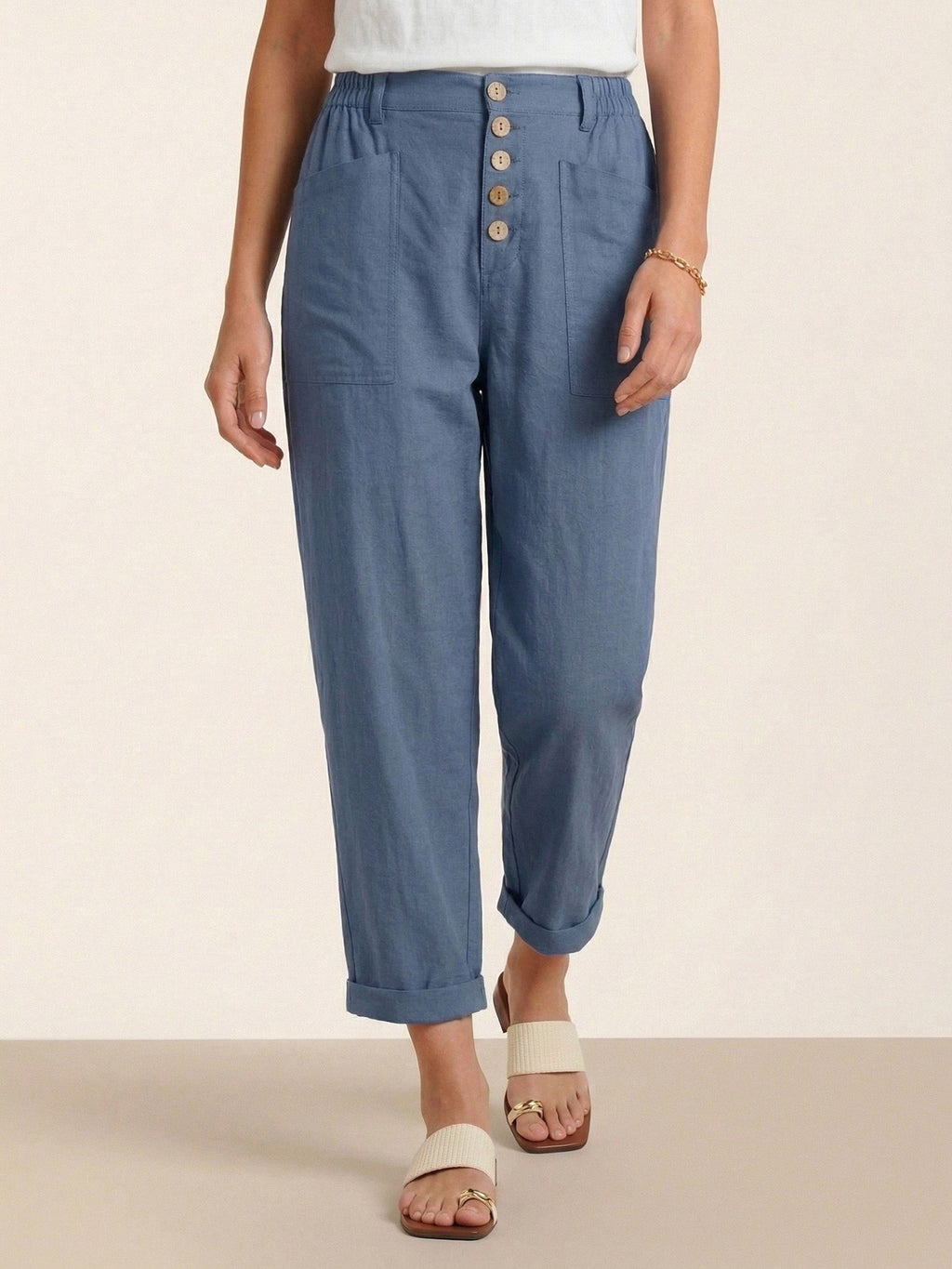 LINTICO Linen Simple Button Fly Trousers HEIDI — flat-lay composition