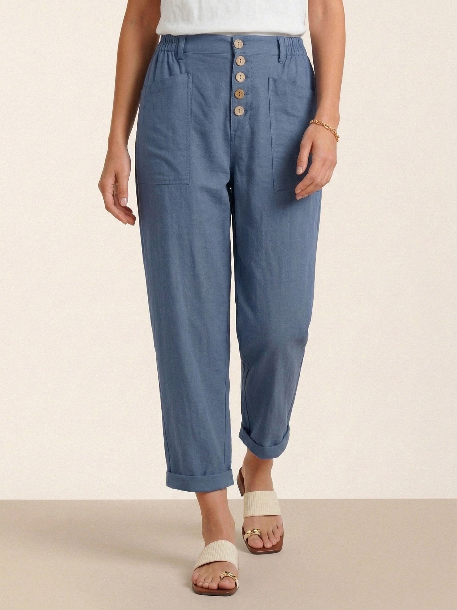 LINTICO Linen Simple Button Fly Trousers HEIDI — flat-lay composition