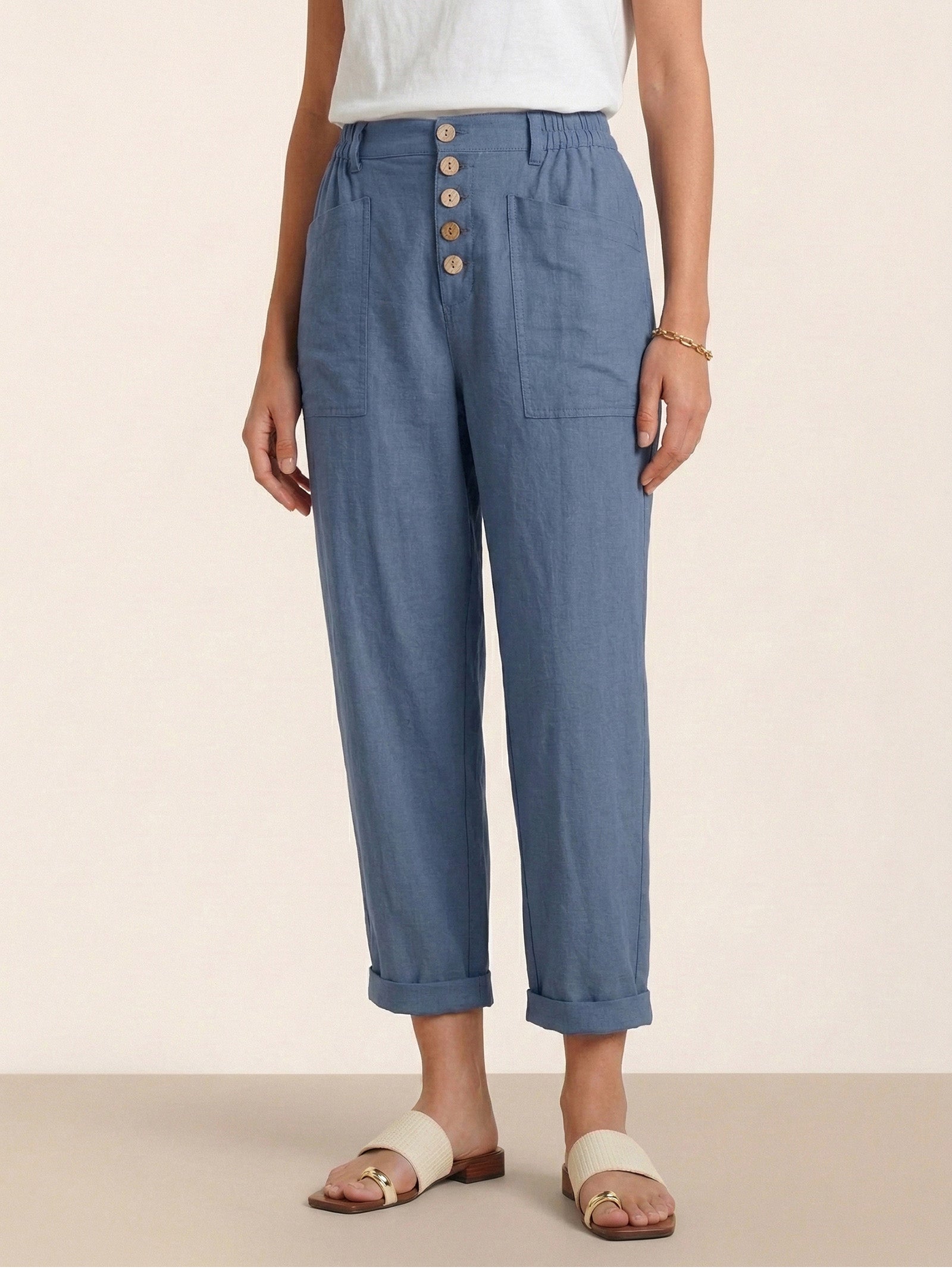 LINTICO Linen Simple Button Fly Trousers HEIDI — lifestyle worn / used context