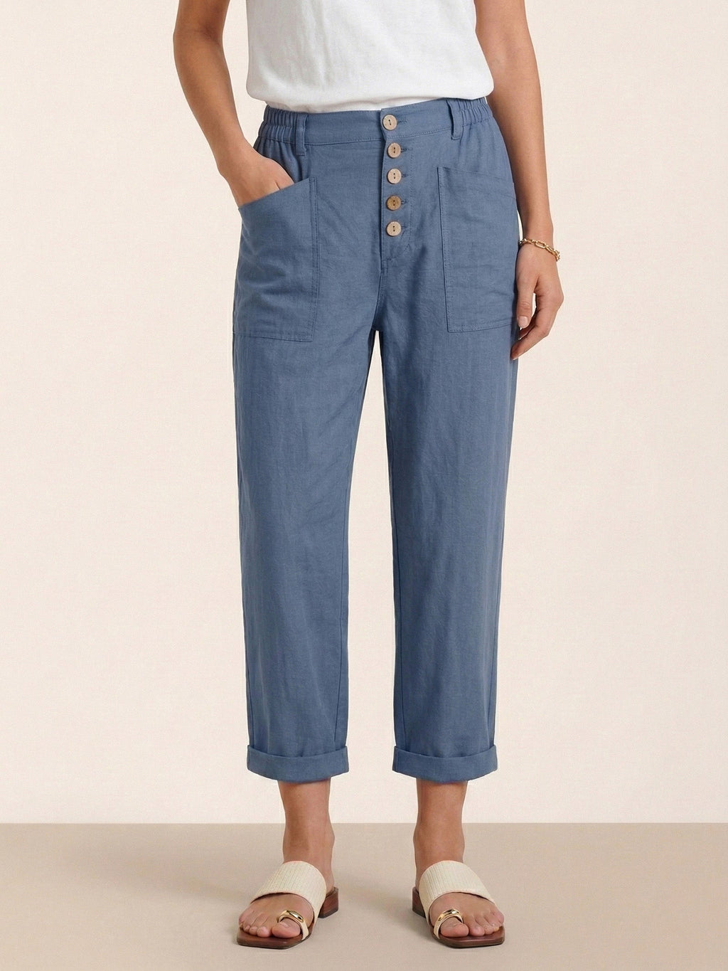 LINTICO Linen Simple Button Fly Trousers HEIDI — back view