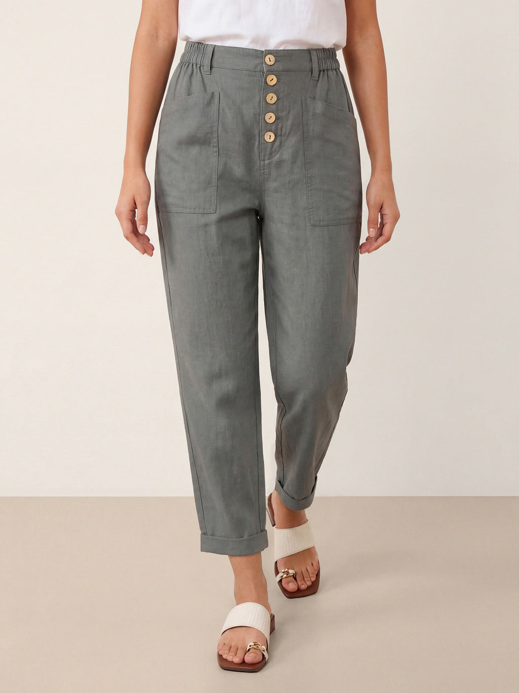 LINTICO Linen Simple Button Fly Trousers HEIDI — in-use photo