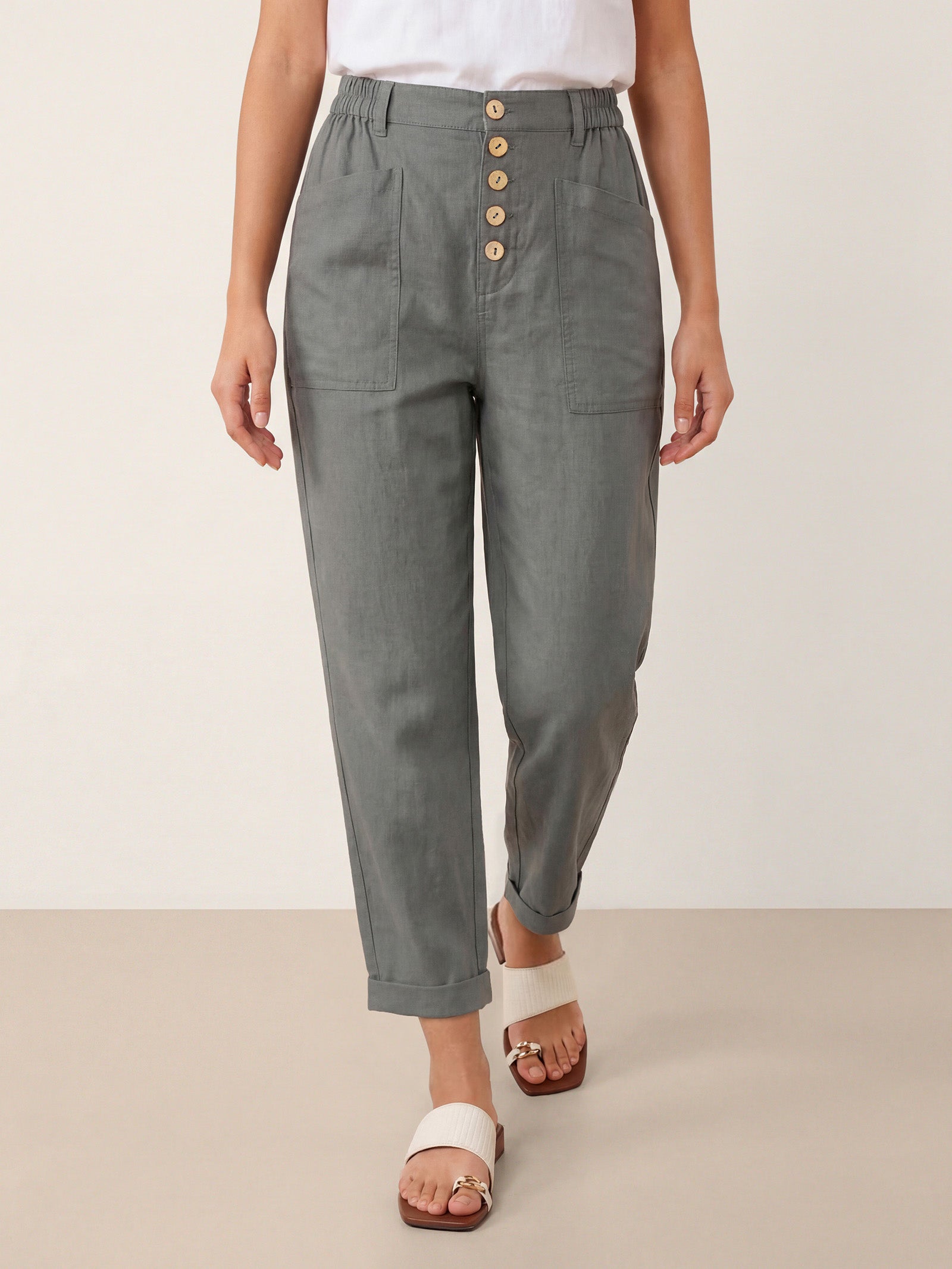 LINTICO Linen Simple Button Fly Trousers HEIDI — in-use photo