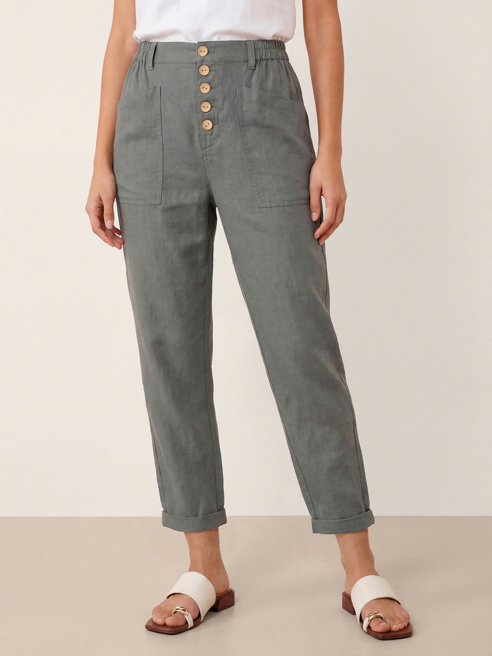 LINTICO Linen Simple Button Fly Trousers HEIDI — product on model