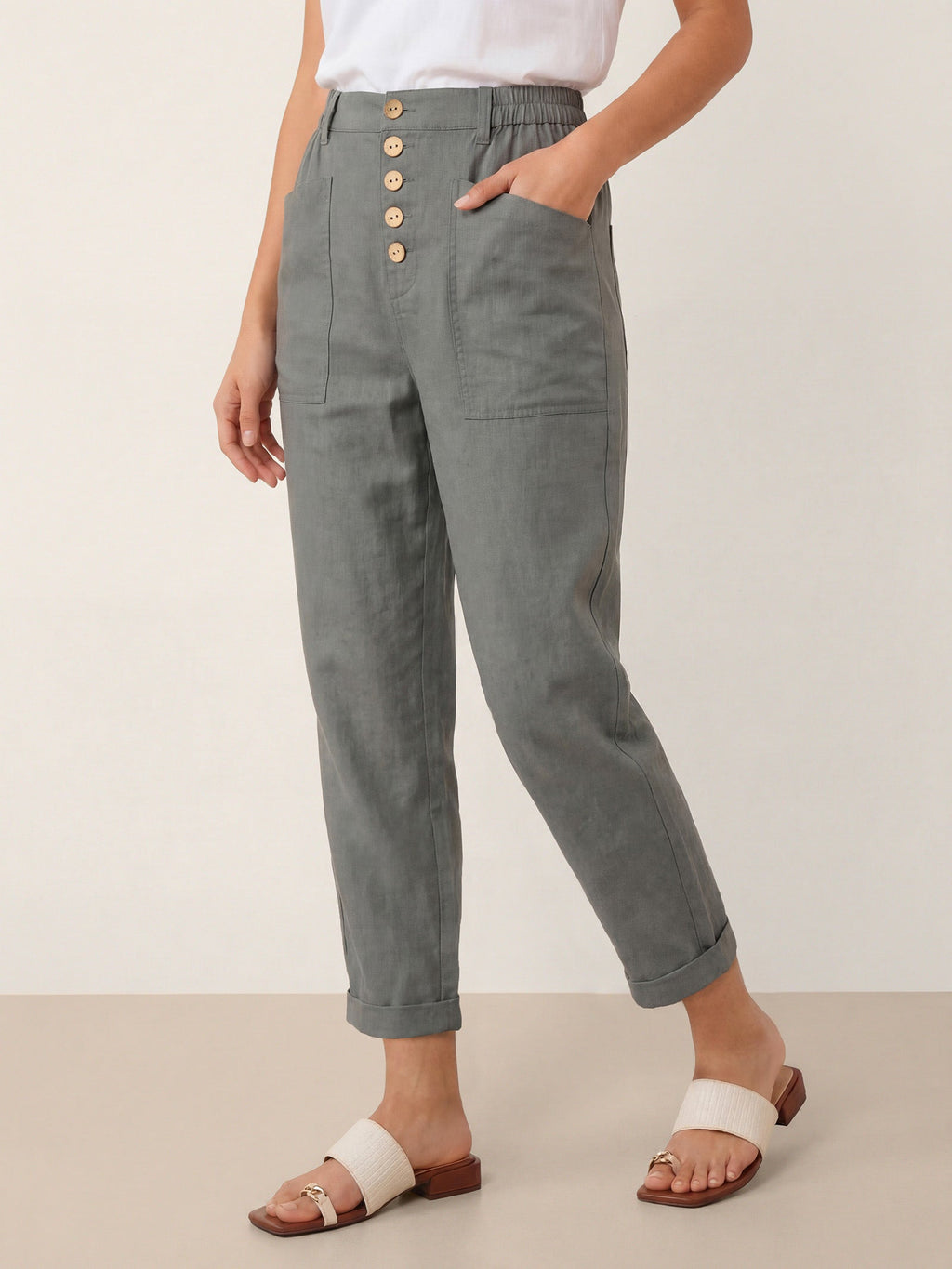 LINTICO Linen Simple Button Fly Trousers HEIDI — fabric or material detail