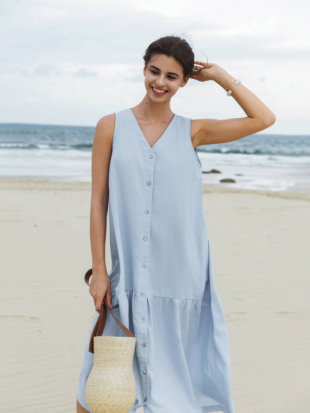 LINTICO Linen Vacation Sleeveless V-Neck Mid-Length Dress CELINE — dresses-midi dresses-linen blend category context