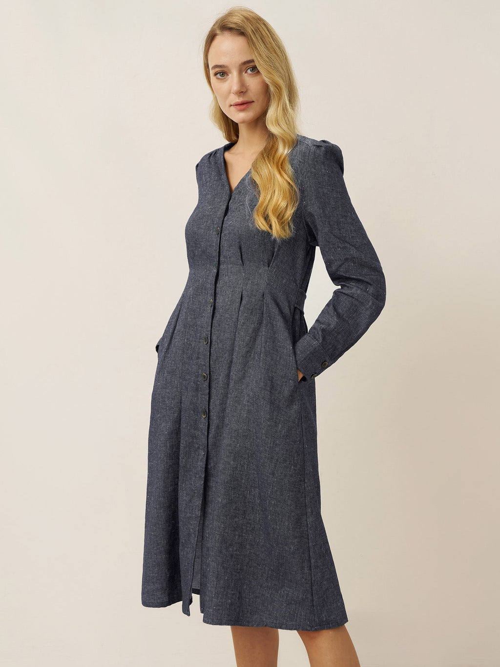 LINTICO LINTICO Linen Denim Texture Jacket Dress HANNAH — dresses-midi dresses-linen blend category context