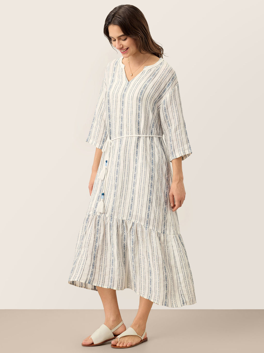 LINTICO Linen Tribal Stripe Split Neck Bohemian Ruffle Maxi Dress with Woven Belt and Slip MARLOWE — detail shot 7
